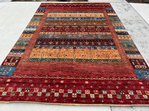 7x10 (215x305) Afghan Handmade Rug | Brick Red Blue Burnt Orange Grey Beige Cream Ivory Maroon Brown Green Coral Salmon Pink Sage | Gabbeh