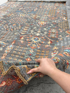 7x10 (215x305) Handmade Afghan Rug | Charcoal Grey Orange Moss Green Ivory Coral Brown Yellow Blue Red | Wool Persian Tribal Turkish