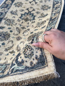 3x10 (90x335) Handmade Afghan Runner | Cream Beige Ivory Charcoal Grey Teal Turquoise Sage Green Mauve | Turkish Oushak Hallway Kitchen Wool