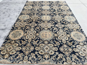 6x9 (180x275) Hand Knotted Handmade Afghan Rug | Charcoal Black Teal Beige Cream Gold Yellow Brown | Tribal Oriental Floral