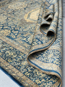 8x10 (245x305) Handmade Afghan Rug | Navy Blue Sky Blue Beige Cream Yellow White Brown Gold | Tribal Oriental Floral Persian Wool Mamluk