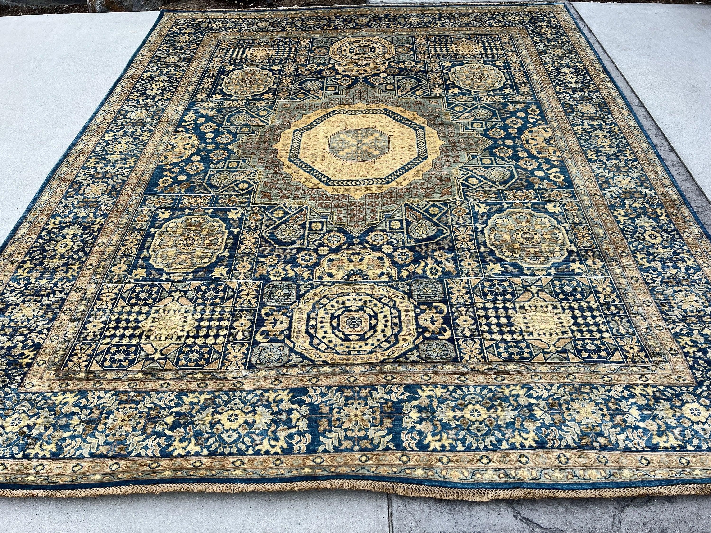 8x10 (245x305) Handmade Afghan Rug | Navy Blue Sky Blue Beige Cream Yellow White Brown Gold | Tribal Oriental Floral Persian Wool Mamluk