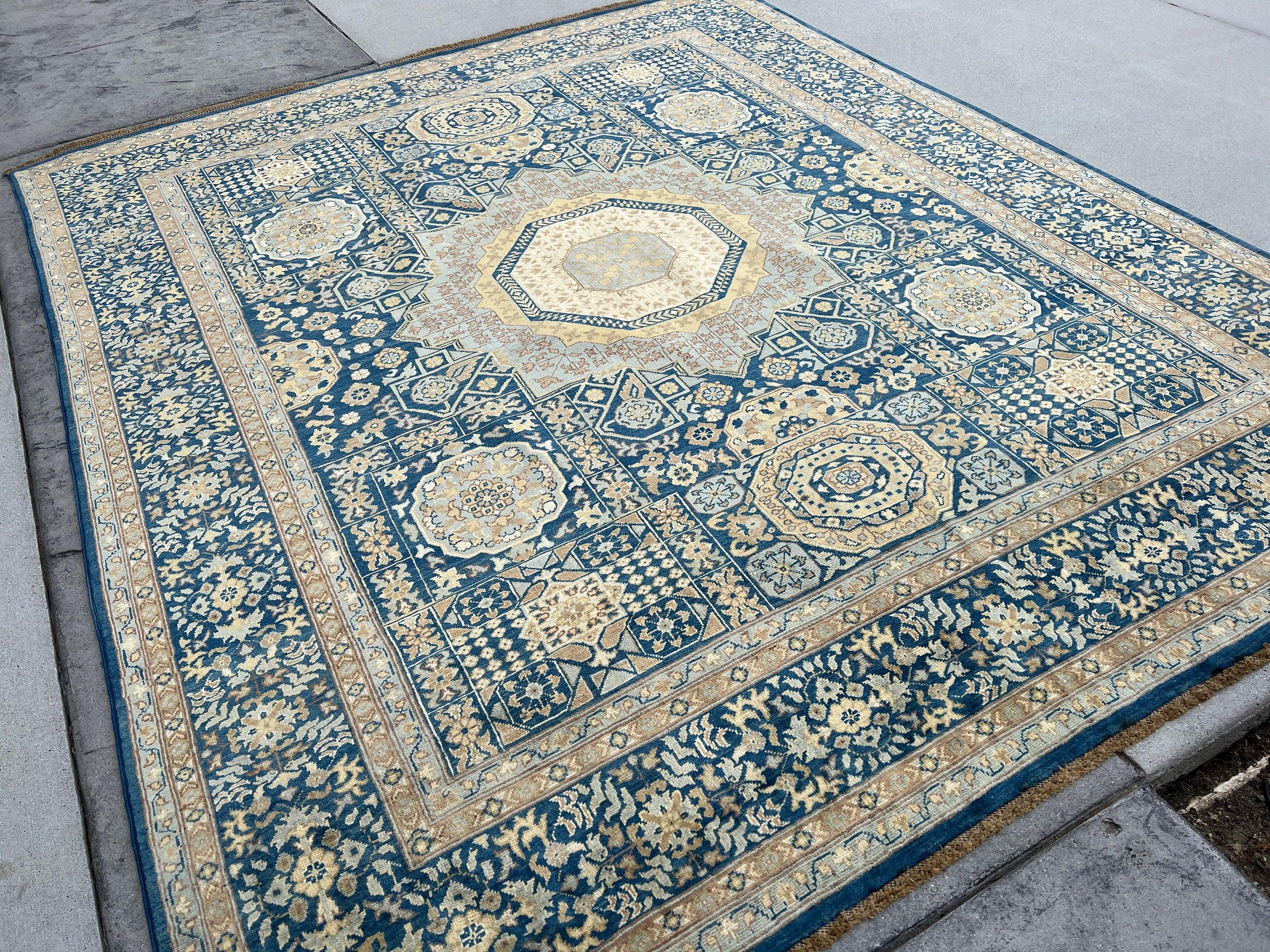 8x10 (245x305) Handmade Afghan Rug | Navy Blue Sky Blue Beige Cream Yellow White Brown Gold | Tribal Oriental Floral Persian Wool Mamluk