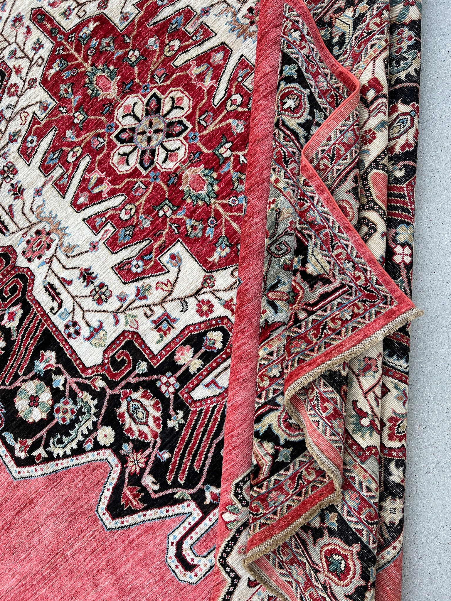 9x12 (275x365) Handmade Afghan Rug | Blush Pink Crimson Red Dark Brown Black White Cream Sky Blue Teal Green Ivory | Knotted Tribal Persian