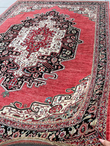 9x12 (275x365) Handmade Afghan Rug | Blush Pink Crimson Red Dark Brown Black White Cream Sky Blue Teal Green Ivory | Knotted Tribal Persian