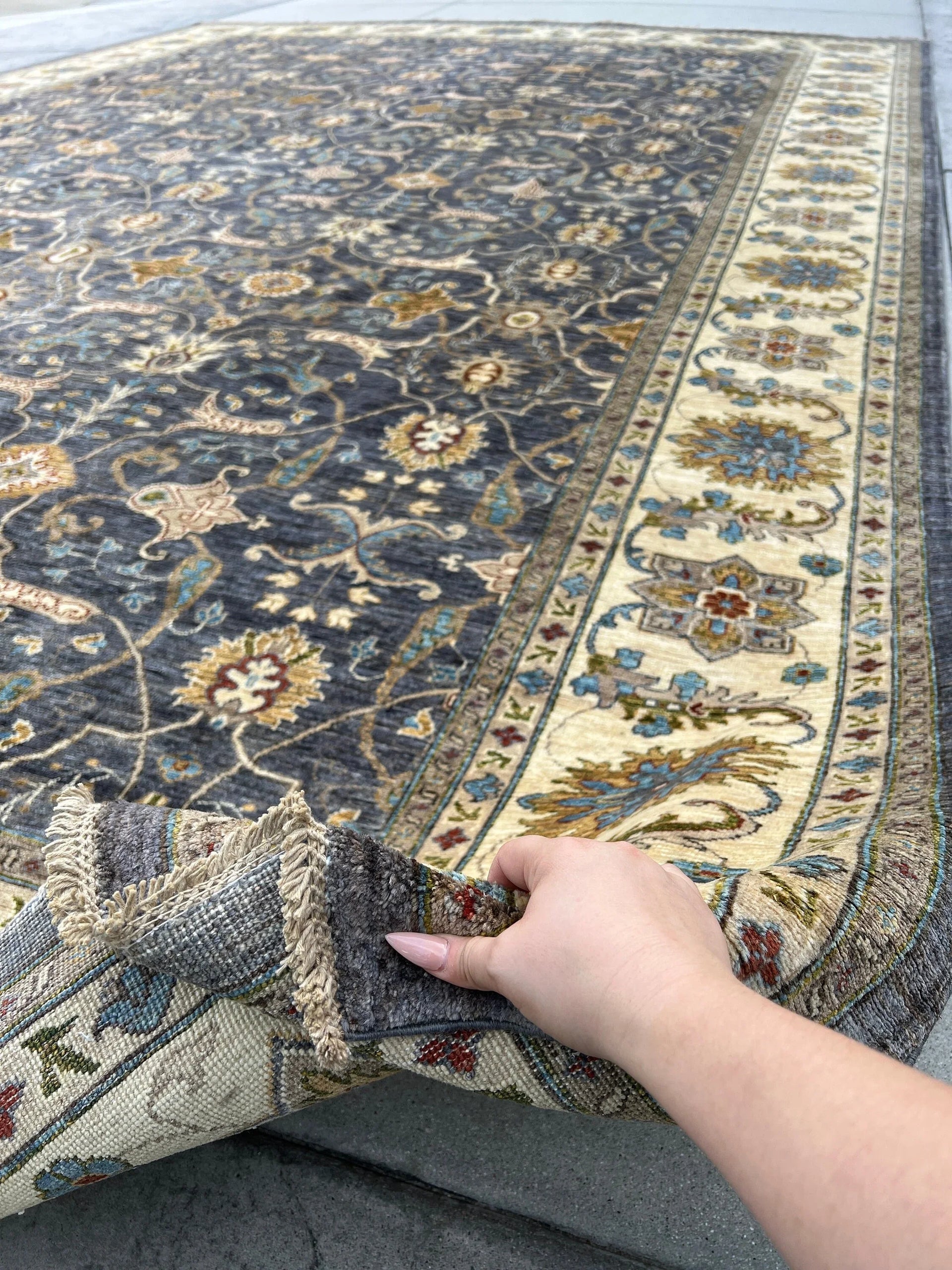 12x18 (365x550) Handmade Afghan Rug | Charcoal Grey Gray Teal Beige Cream Ivory Red | Palace Extra Large Grand Mansion Huge Gigantic Big