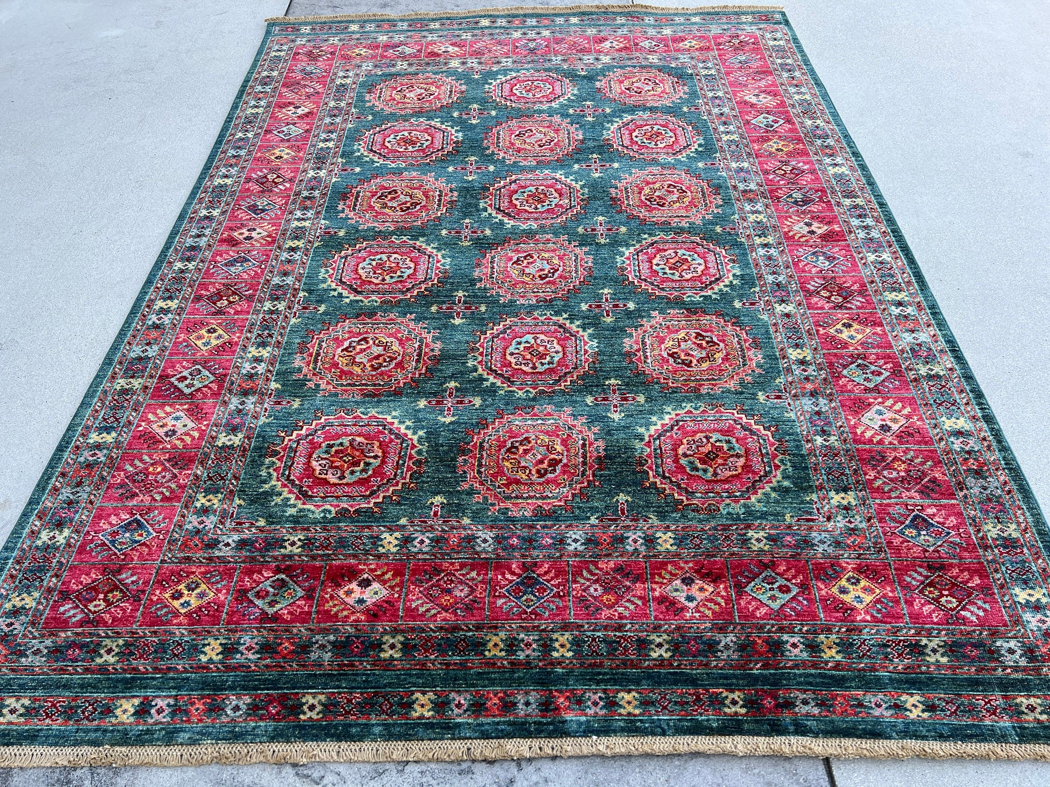 6x8 (180x245) Hand Knotted Handmade Afghan Rug | Dark Turquoise Ruby Red Pine Green Yellow Cream Maroon Yellow Green Pink Blue Orange Gold
