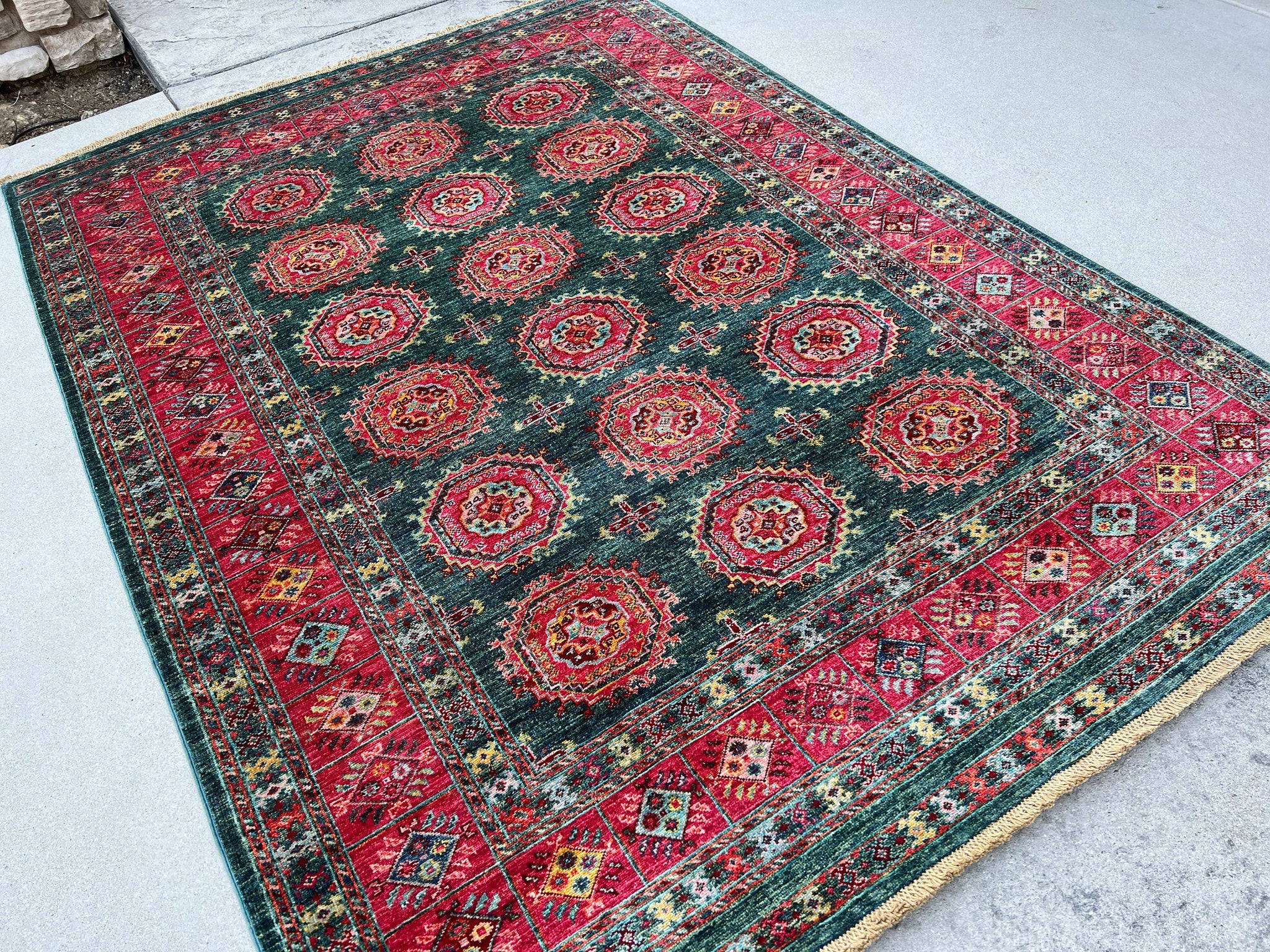 6x8 (180x245) Hand Knotted Handmade Afghan Rug | Dark Turquoise Ruby Red Pine Green Yellow Cream Maroon Yellow Green Pink Blue Orange Gold