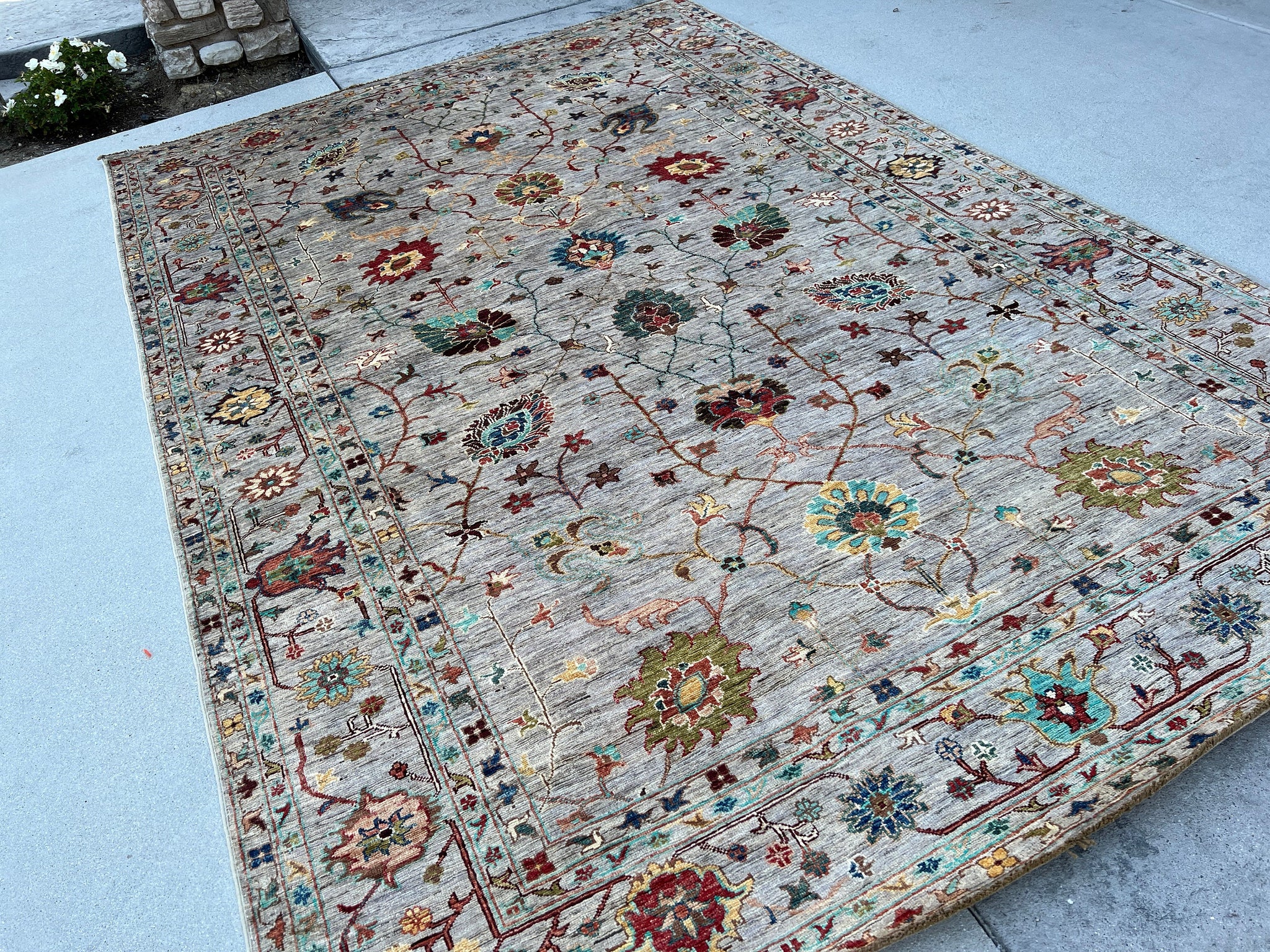7x10 (215x305) Handmade Afghan Rug | Charcoal Grey Brick Red Teal Turquoise Navy Blue Moss Green Yellow Gold Brown Cream Ivory Beige | Boho