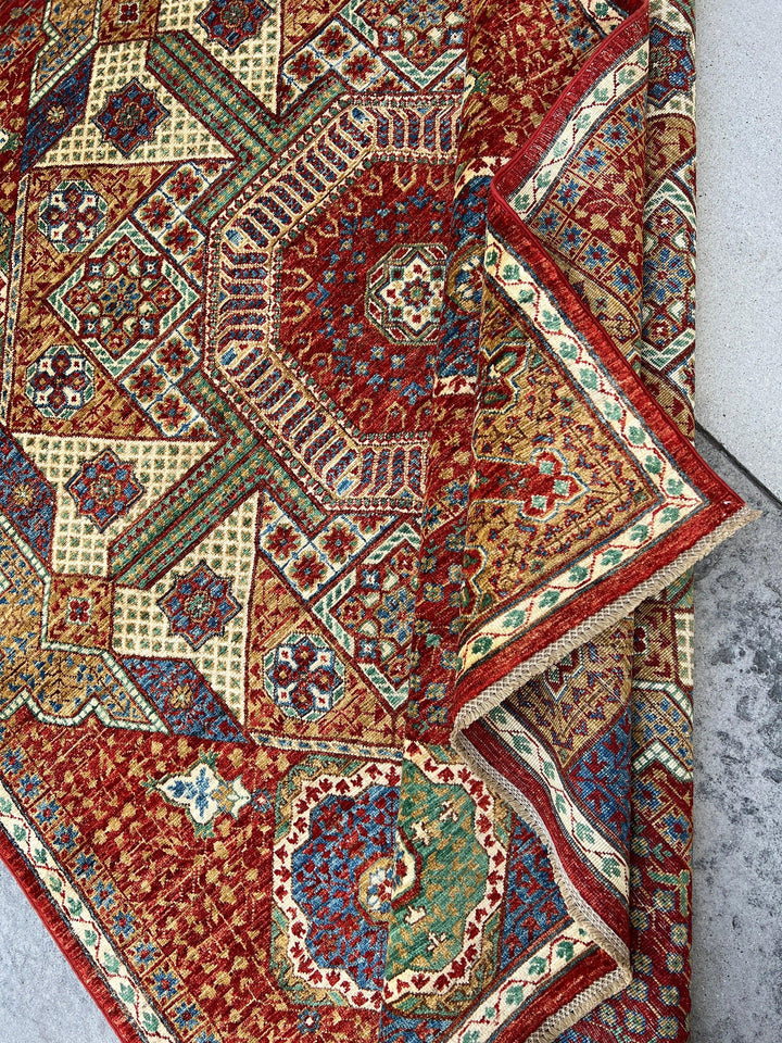 6x8 (180x245) Hand Knotted Handmade Afghan Rug | Burnt Orange Rust Orange Gold Brown Green Denim Blue Ivory Beige Cream | Tribal Geometric