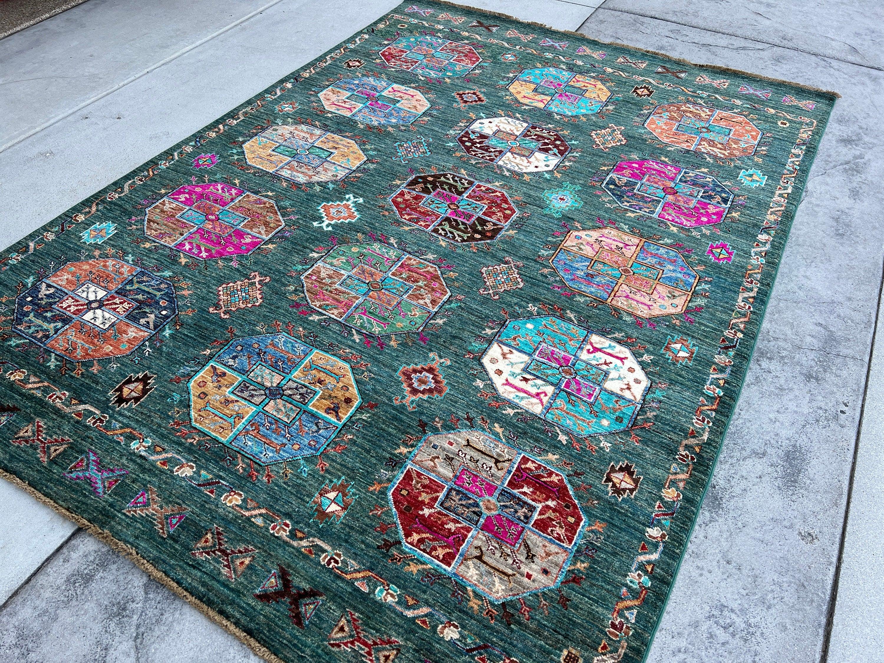 5x7 (150x215) Handmade Afghan Rug | Pine Green Fuscia Pink Denim Blue Burnt Orange Chocolate Brown Beige Cream Honey Orange Sky Blue Green