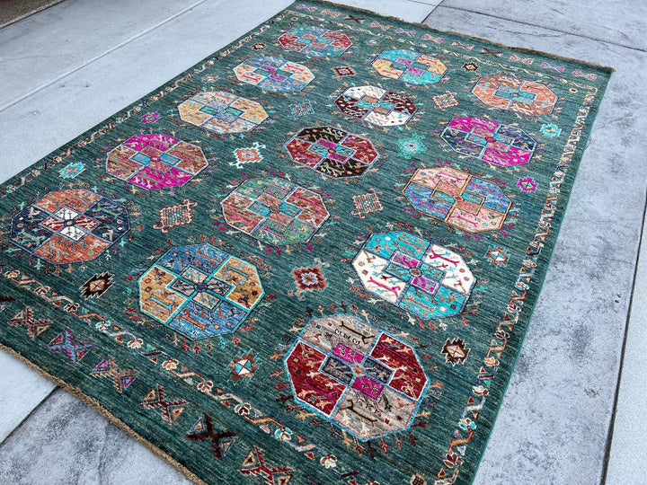 5x7 (150x215) Handmade Afghan Rug | Pine Green Fuscia Pink Denim Blue Burnt Orange Chocolate Brown Beige Cream Honey Orange Sky Blue Green