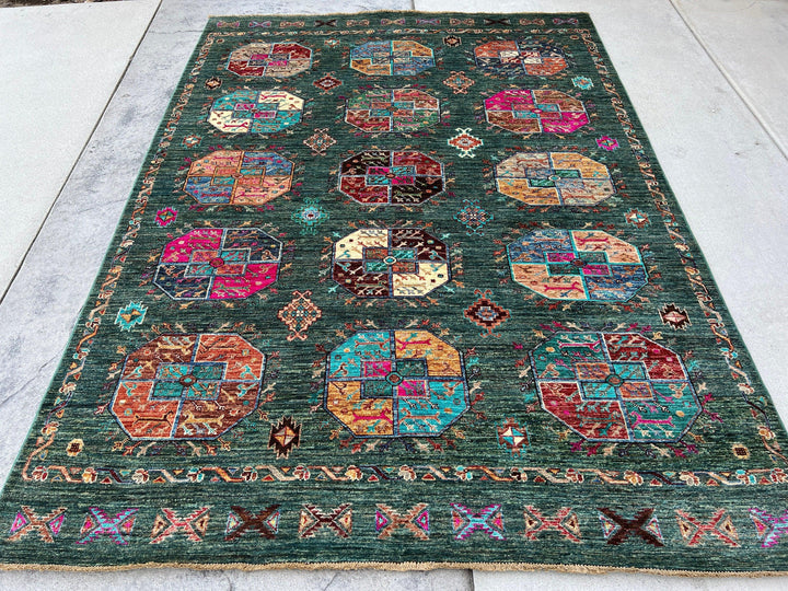 5x7 (150x215) Handmade Afghan Rug | Pine Green Fuscia Pink Denim Blue Burnt Orange Chocolate Brown Beige Cream Honey Orange Sky Blue Green