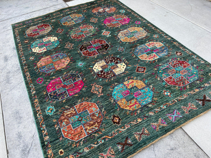 5x7 (150x215) Handmade Afghan Rug | Pine Green Fuscia Pink Denim Blue Burnt Orange Chocolate Brown Beige Cream Honey Orange Sky Blue Green