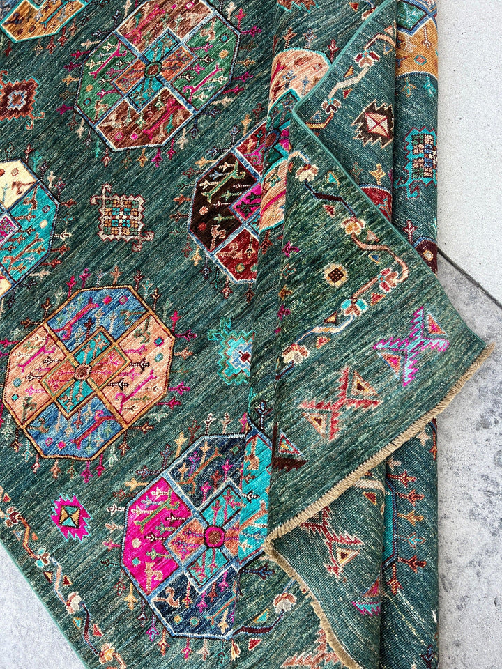 5x7 (150x215) Handmade Afghan Rug | Pine Green Fuscia Pink Denim Blue Burnt Orange Chocolate Brown Beige Cream Honey Orange Sky Blue Green