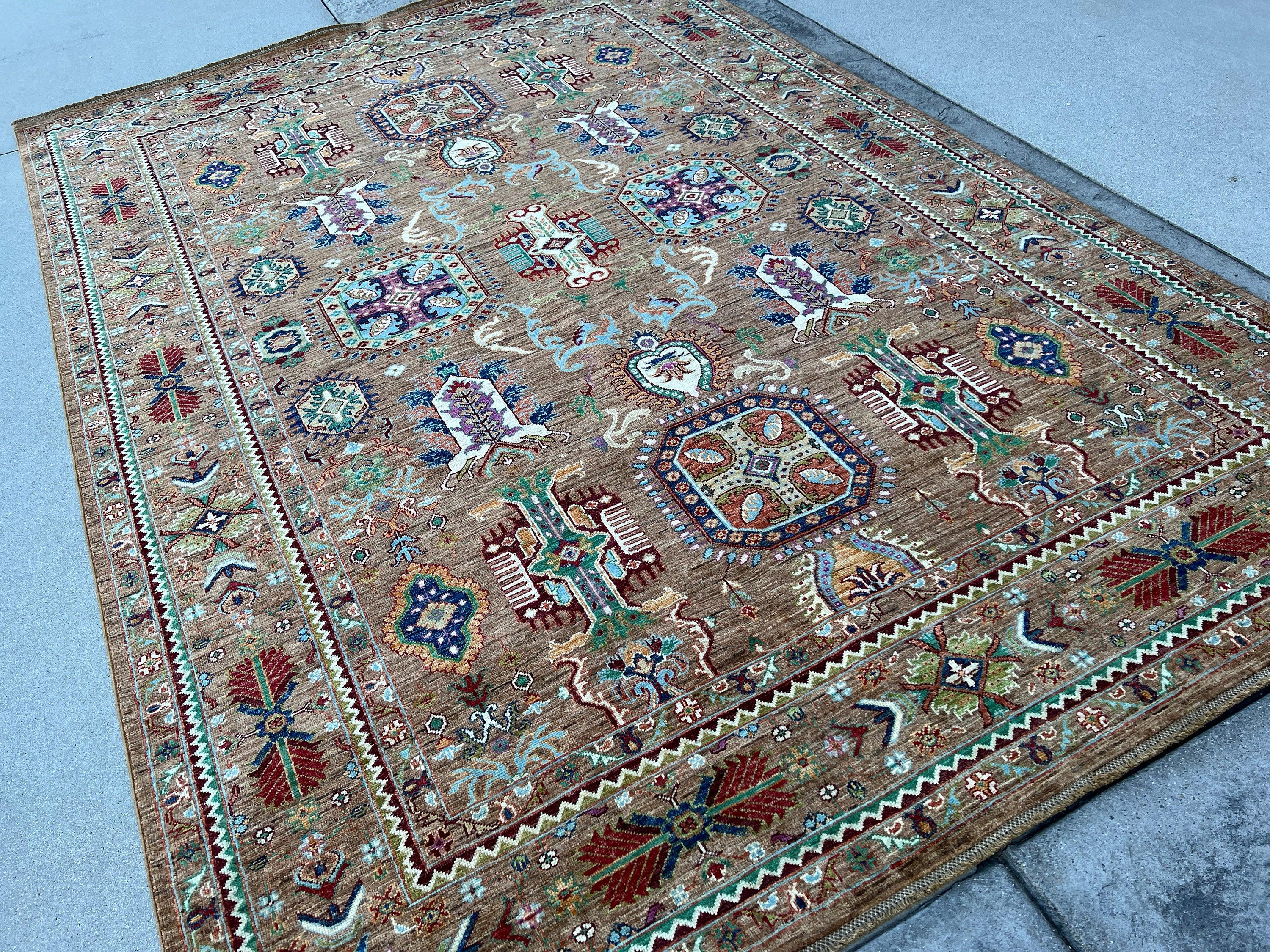 6x9 (180x275) Handmade Afghan Rug | Chocolate Brown Turquoise Teal Caramel Navy Baby Blue Burnt Orange Red Ivory Purple Sage Green