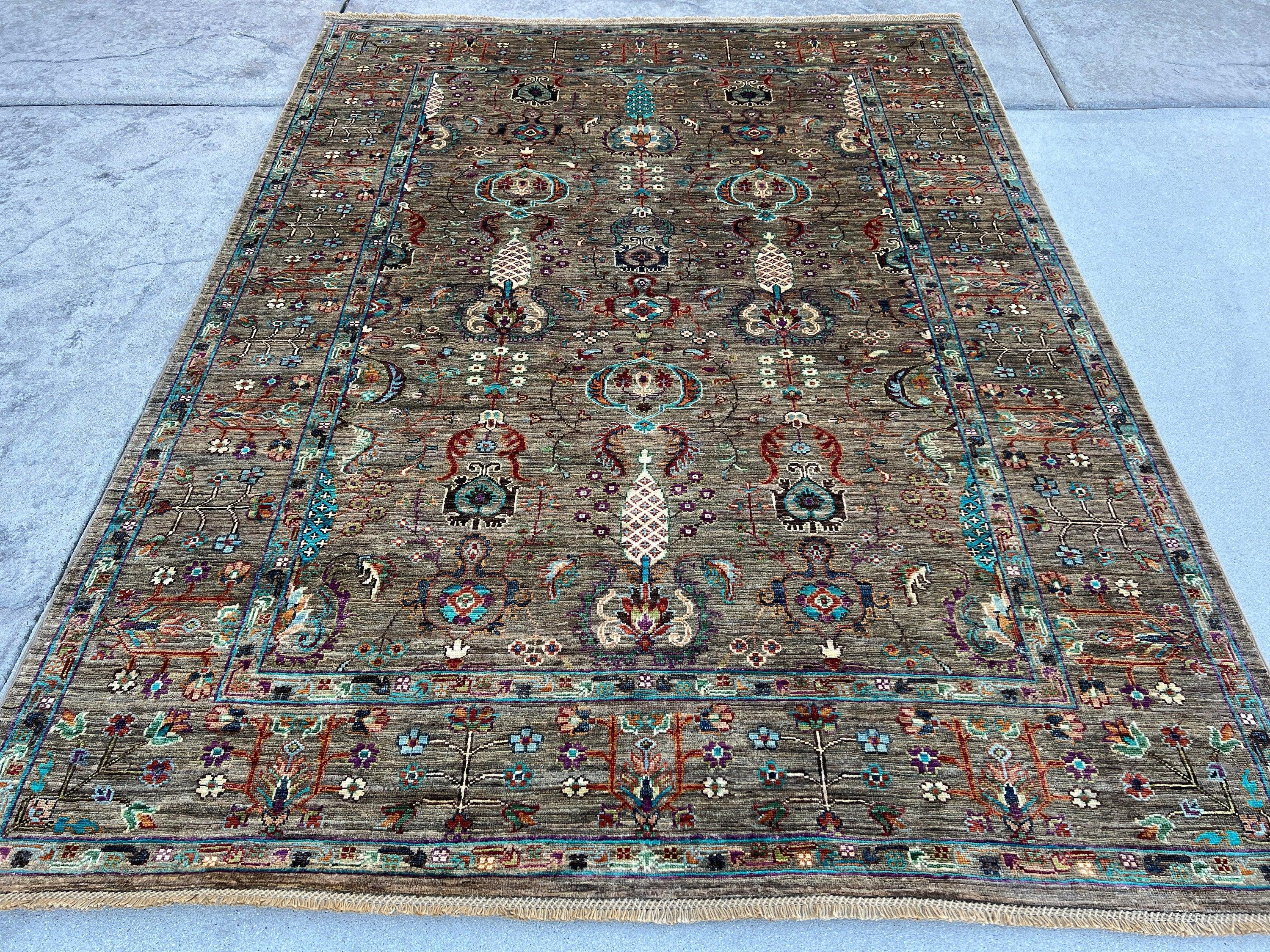 6x8 (180x245) Hand Knotted Handmade Afghan Rug | Green Grey Sage Forest Cream Beige Sky Navy Blue Purple Fern Caramel Brick Red White Black