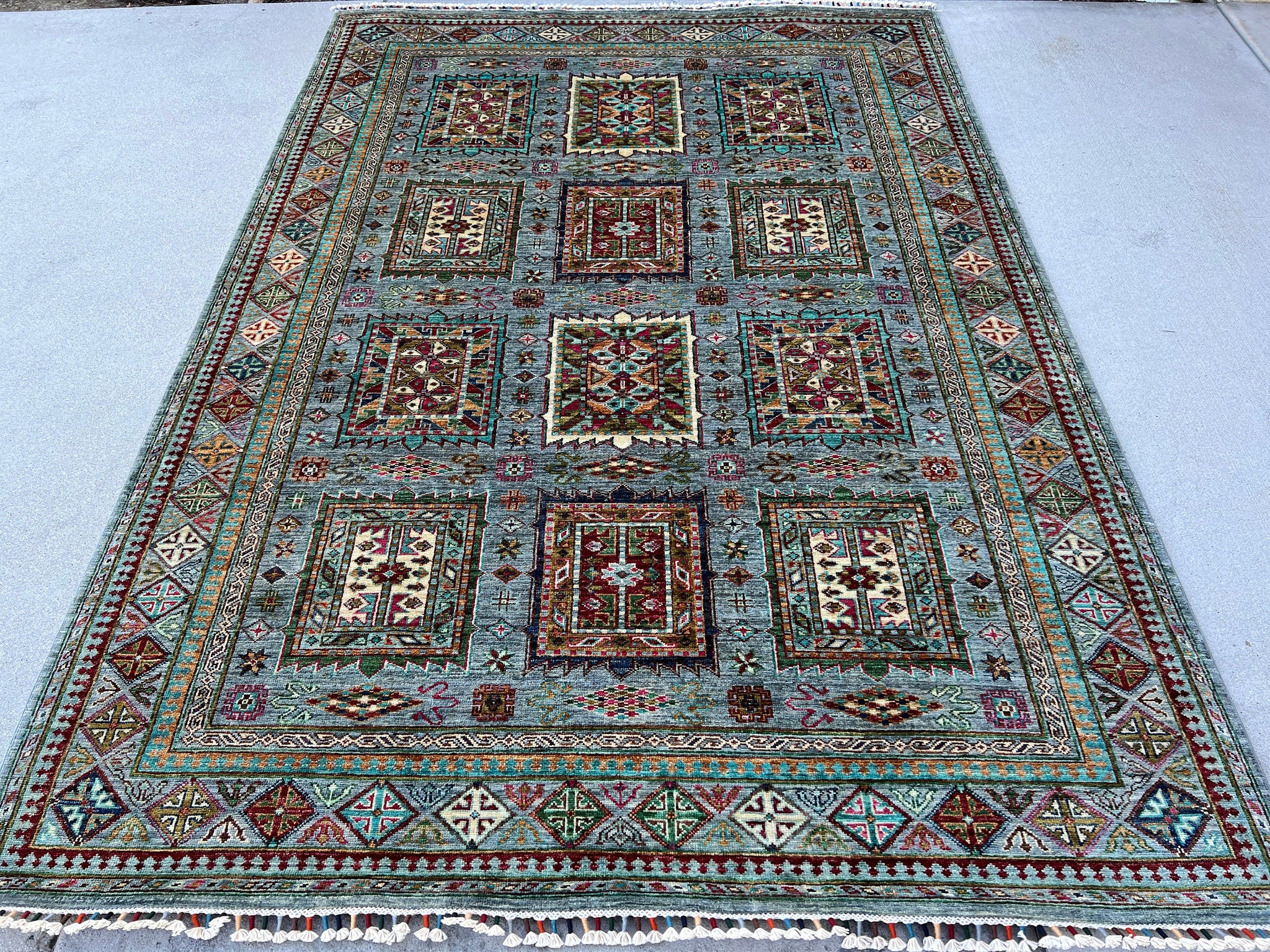 6x8 (180x245) Hand Knotted Handmade Afghan Rug | Blue Grey Brick Red Moss Lime Green Pink Caramel Cream Ivory Turquoise | Turkish Wool Boho