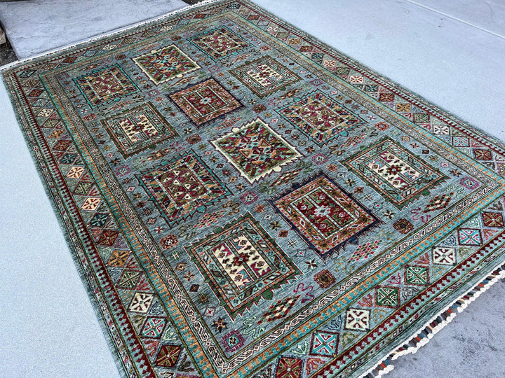 6x8 (180x245) Hand Knotted Handmade Afghan Rug | Blue Grey Brick Red Moss Lime Green Pink Caramel Cream Ivory Turquoise | Turkish Wool Boho