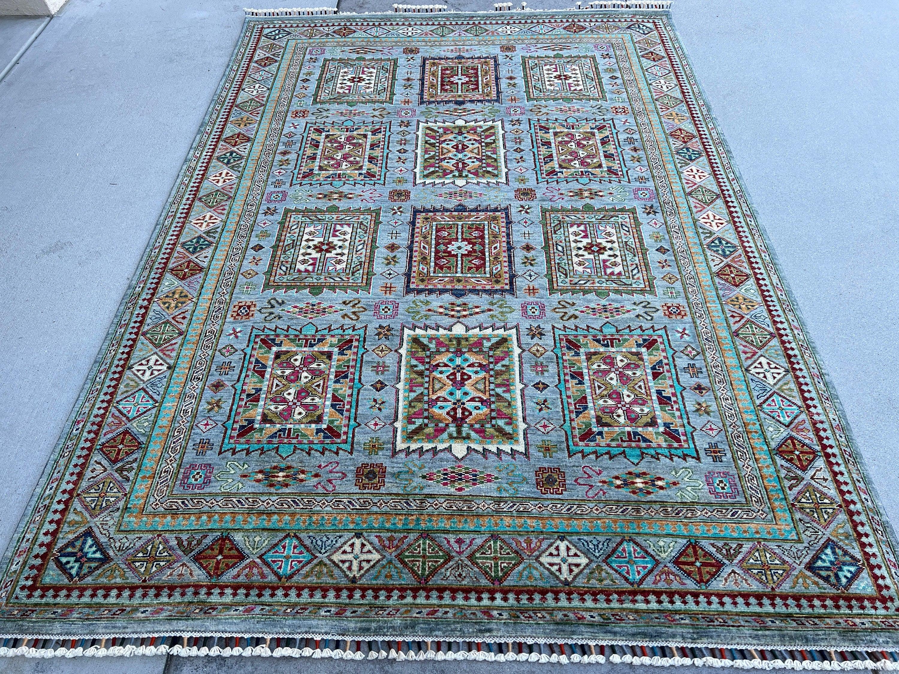 6x8 (180x245) Hand Knotted Handmade Afghan Rug | Blue Grey Brick Red Moss Lime Green Pink Caramel Cream Ivory Turquoise | Turkish Wool Boho