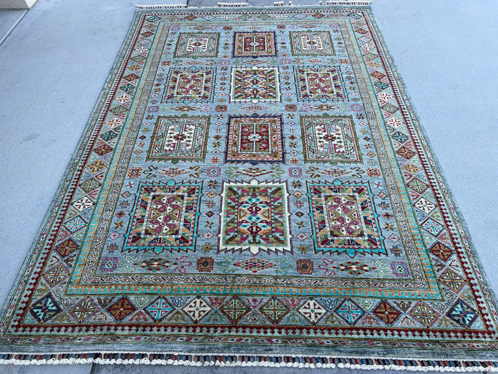 6x8 (180x245) Hand Knotted Handmade Afghan Rug | Blue Grey Brick Red Moss Lime Green Pink Caramel Cream Ivory Turquoise | Turkish Wool Boho