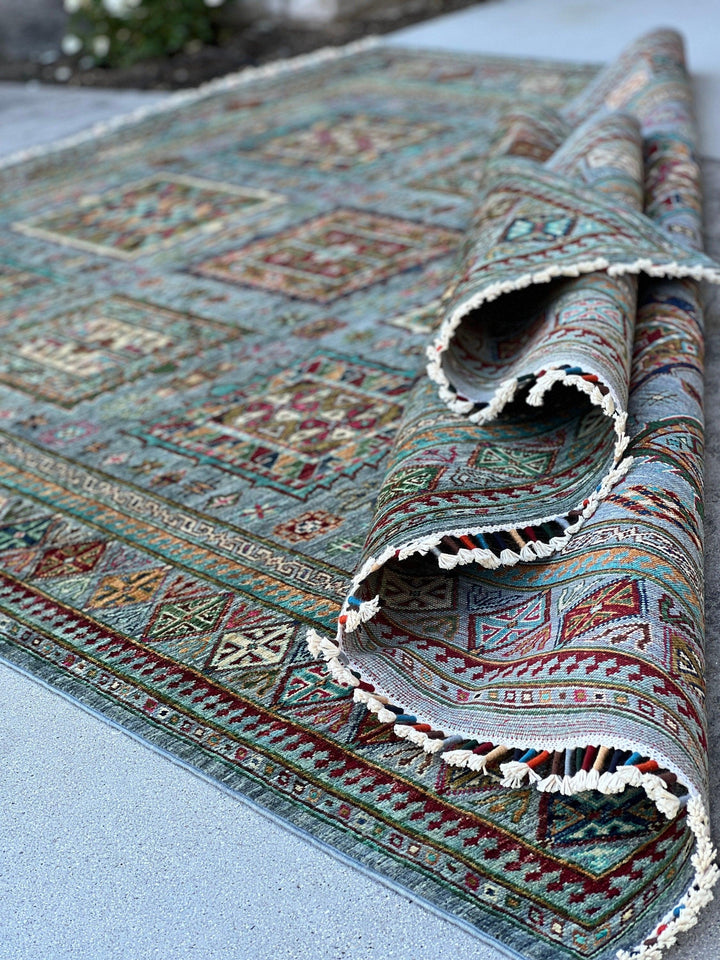 6x8 (180x245) Hand Knotted Handmade Afghan Rug | Blue Grey Brick Red Moss Lime Green Pink Caramel Cream Ivory Turquoise | Turkish Wool Boho