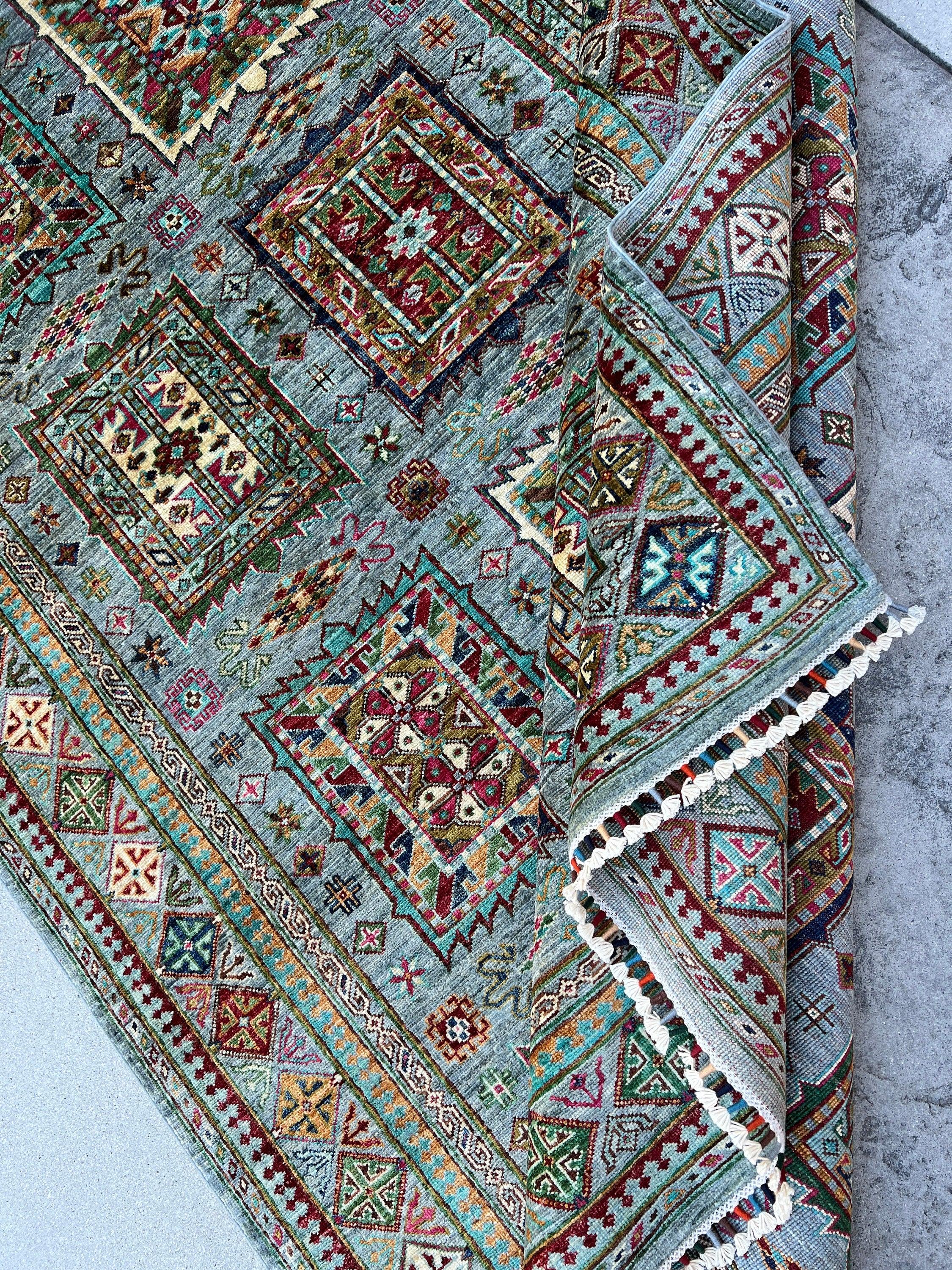 6x8 (180x245) Hand Knotted Handmade Afghan Rug | Blue Grey Brick Red Moss Lime Green Pink Caramel Cream Ivory Turquoise | Turkish Wool Boho