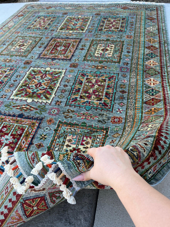 6x8 (180x245) Hand Knotted Handmade Afghan Rug | Blue Grey Brick Red Moss Lime Green Pink Caramel Cream Ivory Turquoise | Turkish Wool Boho