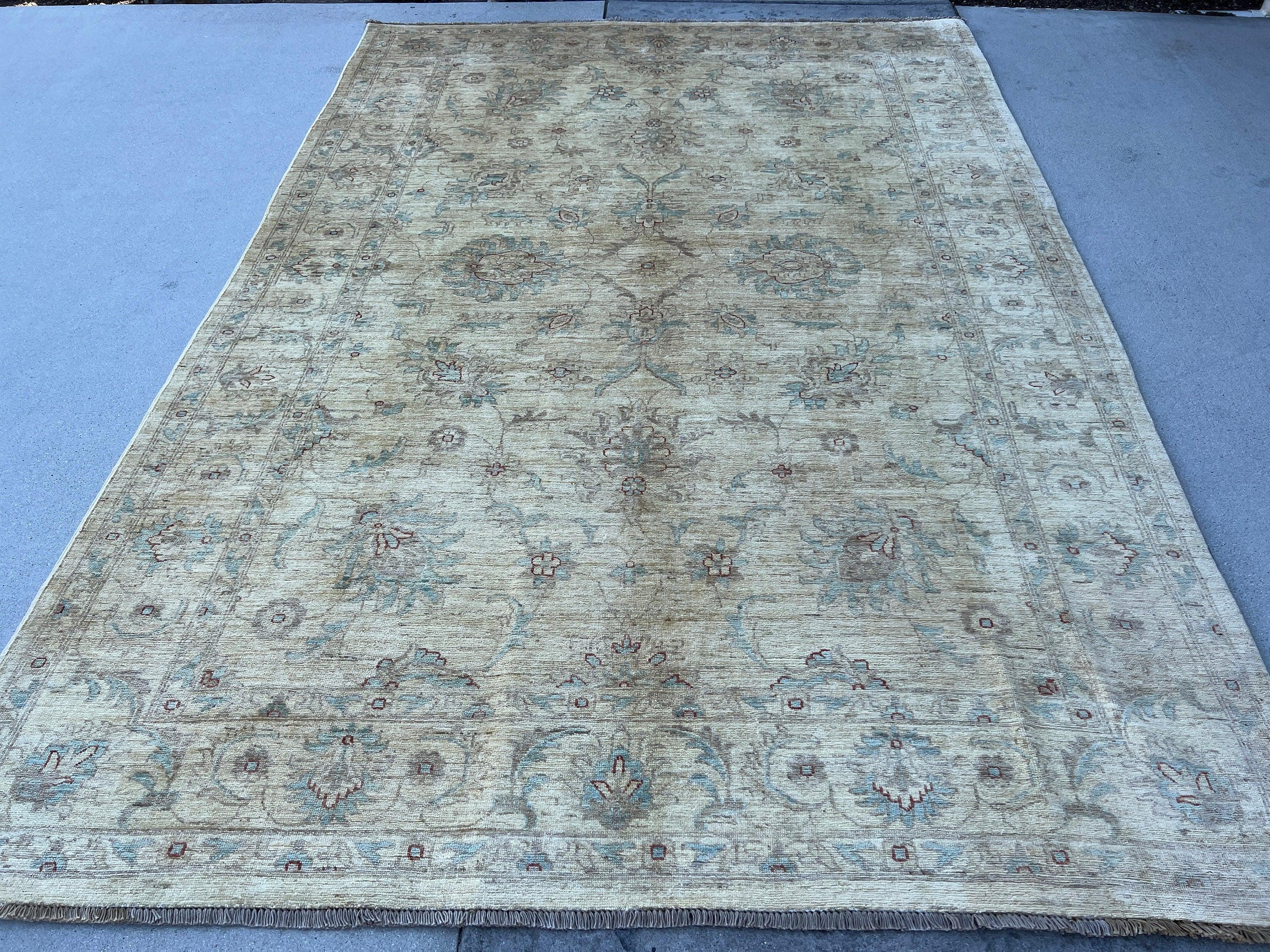 7x10 (180x245) Handmade Afghan Rug | Cream Beige Chocolate Brown Turquoise Grey | Tribal Floral Wool