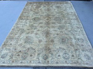 7x10 (180x245) Handmade Afghan Rug | Cream Beige Chocolate Brown Turquoise Grey | Tribal Floral Wool