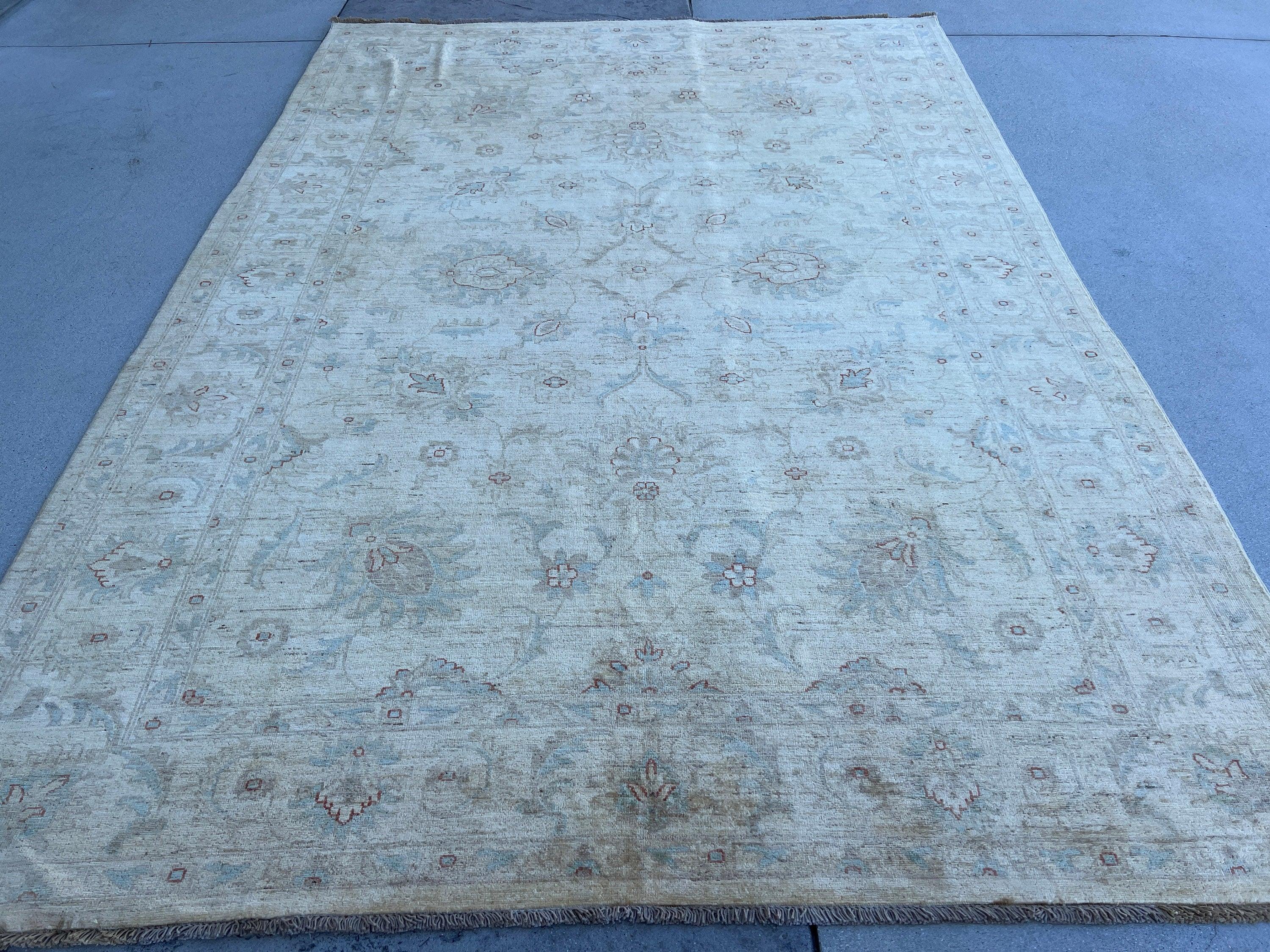 7x10 (180x245) Handmade Afghan Rug | Cream Beige Chocolate Brown Turquoise Grey | Tribal Floral Wool