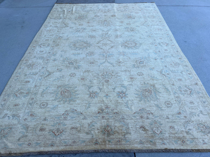 7x10 (180x245) Handmade Afghan Rug | Cream Beige Chocolate Brown Turquoise Grey | Tribal Floral Wool