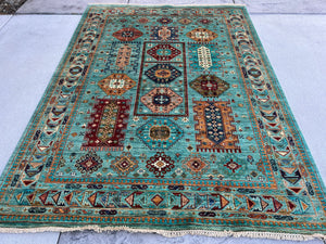 7x8 (215x245) Hand Knotted Handmade Afghan Rug | Turquoise Caramel Brown Burnt Orange Red Cream Beige Moss Green Navy Blue | Geometric Wool