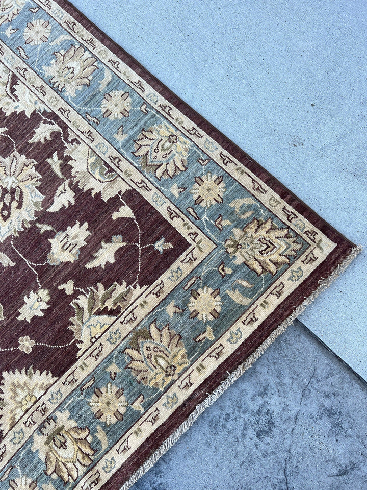 6x8 (180x245) Hand Knotted Handmade Afghan Rug | Maroon Cream Moss Green Beige | Turkish Oushak Ushak Floral Persian Geometric Wool Boho