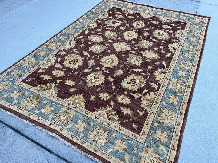 6x8 (180x245) Hand Knotted Handmade Afghan Rug | Maroon Cream Moss Green Beige | Turkish Oushak Ushak Floral Persian Geometric Wool Boho