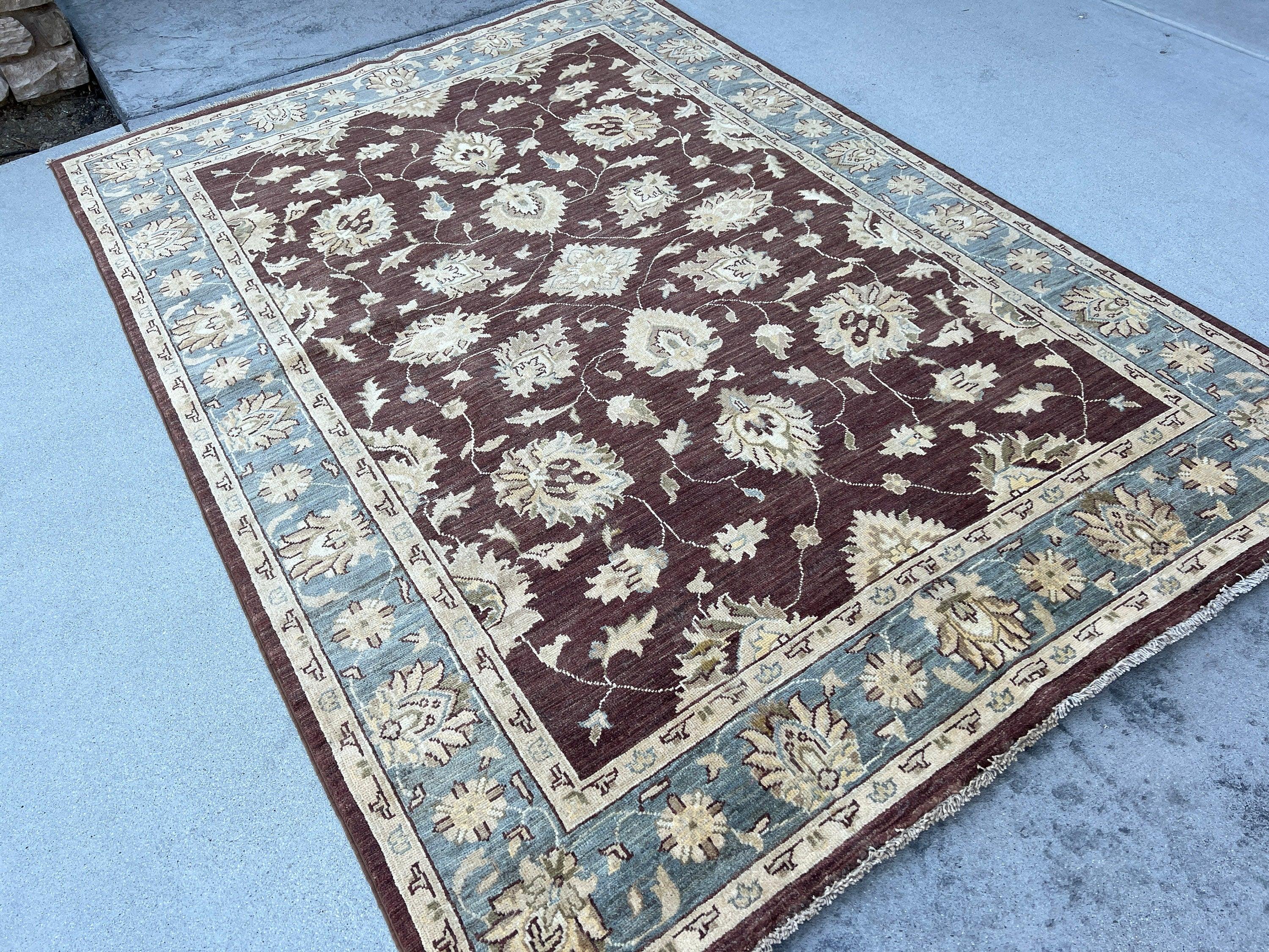 6x8 (180x245) Hand Knotted Handmade Afghan Rug | Maroon Cream Moss Green Beige | Turkish Oushak Ushak Floral Persian Geometric Wool Boho