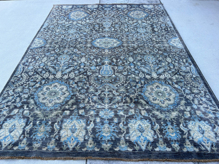 7x10 (215x305) Handmade Afghan Rug | Muted Charcoal Grey Cream Beige Teal Blue Turquoise Denim Blue Sage Green | Tribal Floral Wool Boho