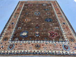 7x10 (215x305) Handmade Afghan Rug | Chocolate Brown Caramel Maroon Denim Blue Ivory Red Light Blue Grey Moss Green Orange | Tribal Wool