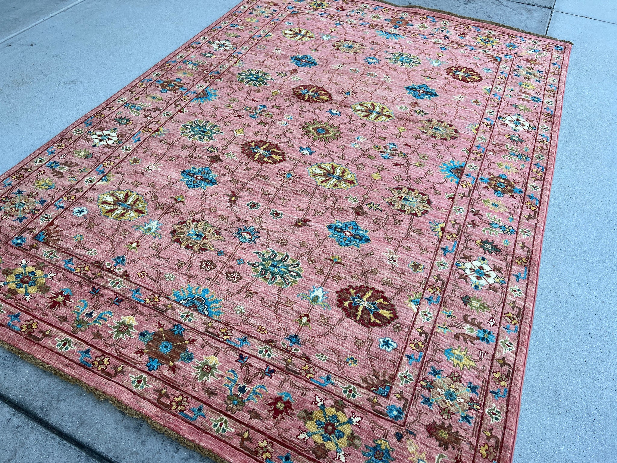 6x8 (180x245) Hand Knotted Handmade Afghan Rug | Blush Rose Pink Red Teal Chocolate Caramel Brown Caramel Ivory Cream Beige | Tribal Floral