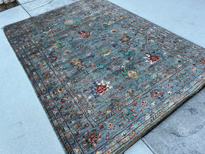 6x8 (180x245) Hand Knotted Afghan Rug | Muted Denim Blue Charcoal Grey Turquoise Green Red Moss Green Brown White Ivory Orange Blue | Floral