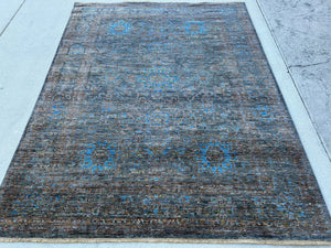 6x8 (180x245) Hand Knotted Afghan Rug | Charcoal Grey Sapphire Blue Chocolate Brown Rust Copper Orange Turquoise | Floral Tribal Wool Boho