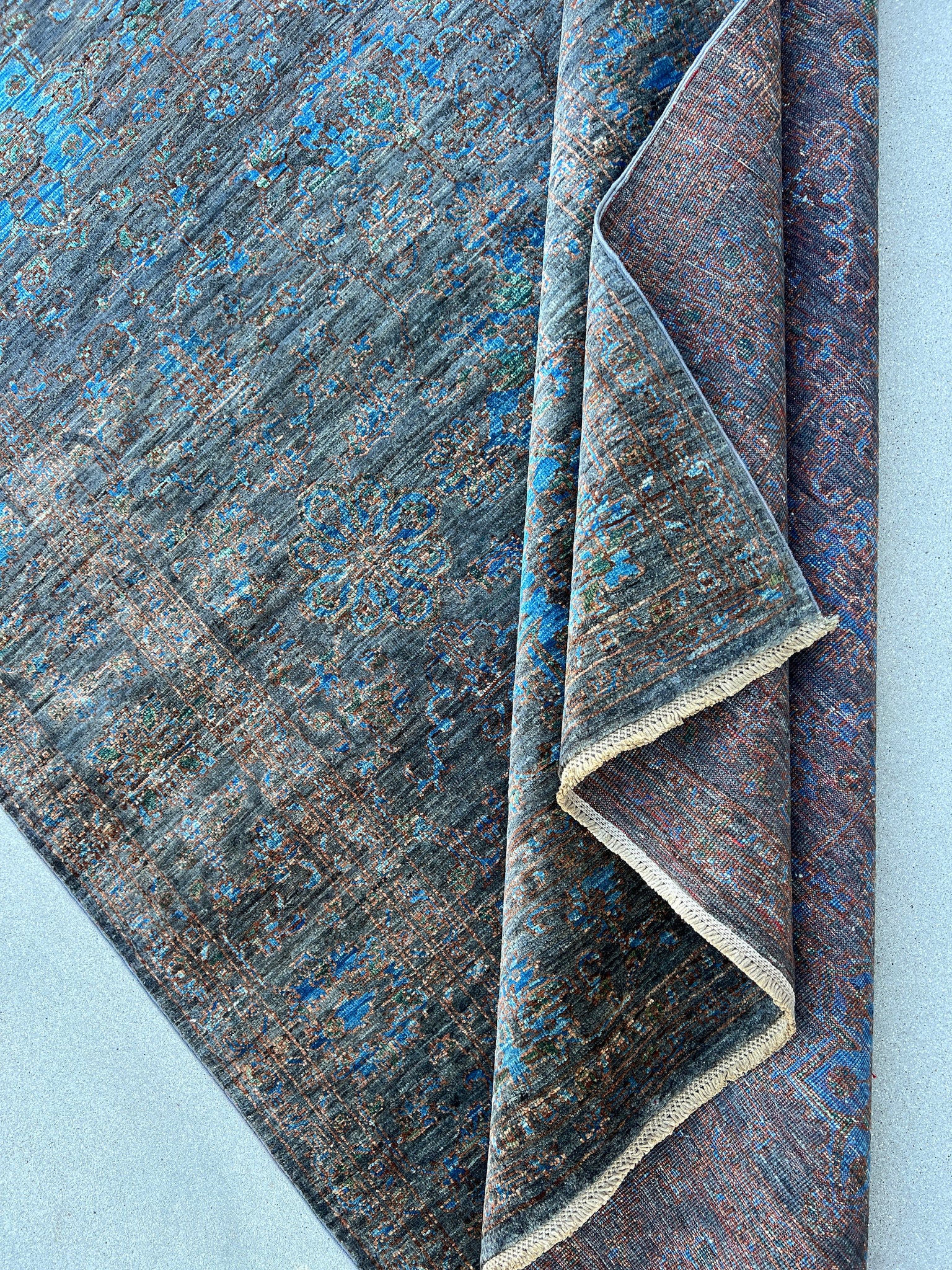 6x8 (180x245) Hand Knotted Afghan Rug | Charcoal Grey Sapphire Blue Chocolate Brown Rust Copper Orange Turquoise | Floral Tribal Wool Boho