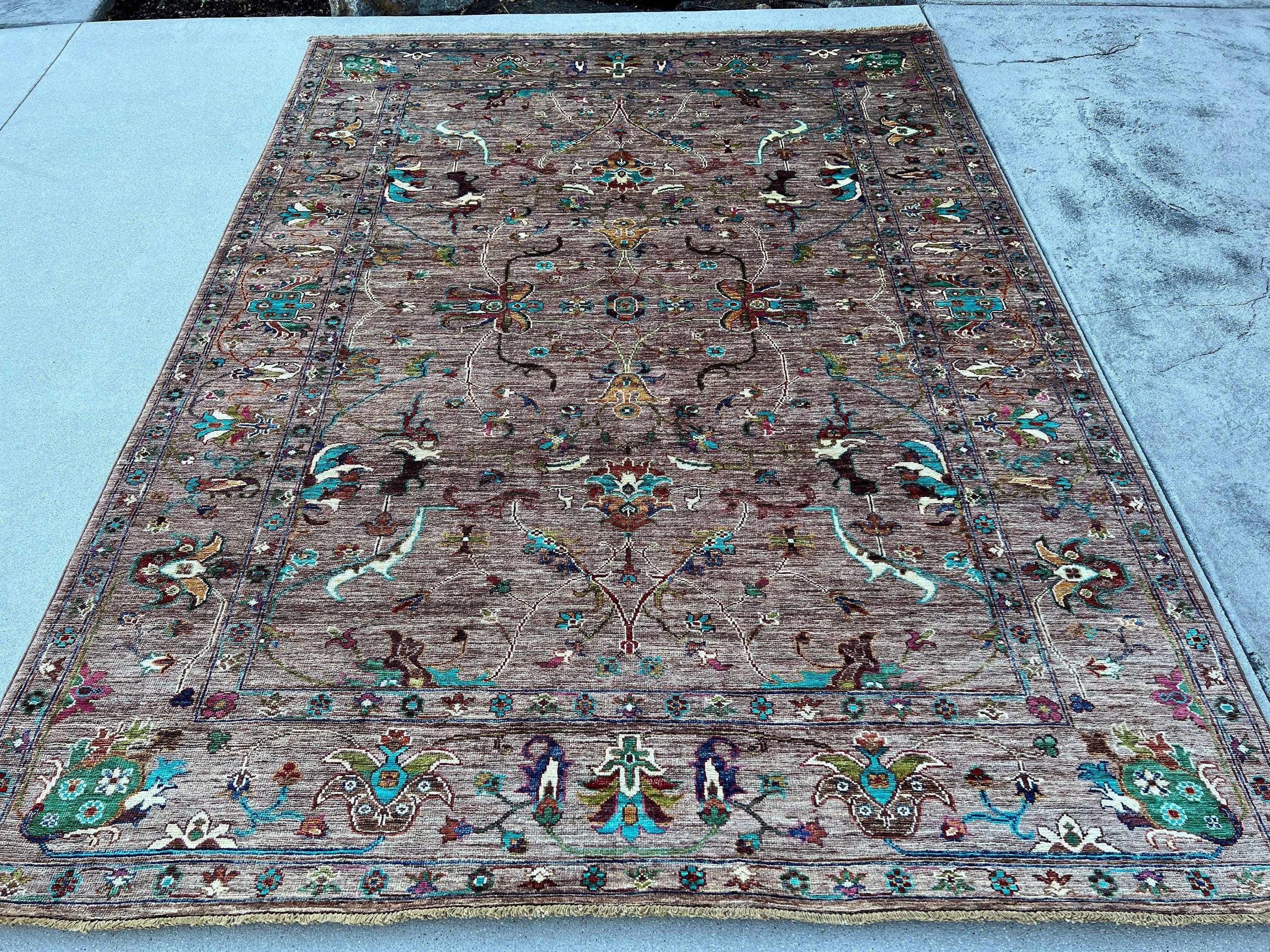 6x8 (180x245) Hand Knotted Afghan Rug | Mauve Purple Lime Moss Green Pink Sky Blue Caramel Beige Burnt Orange Ivory Maroon | Turkish Oushak