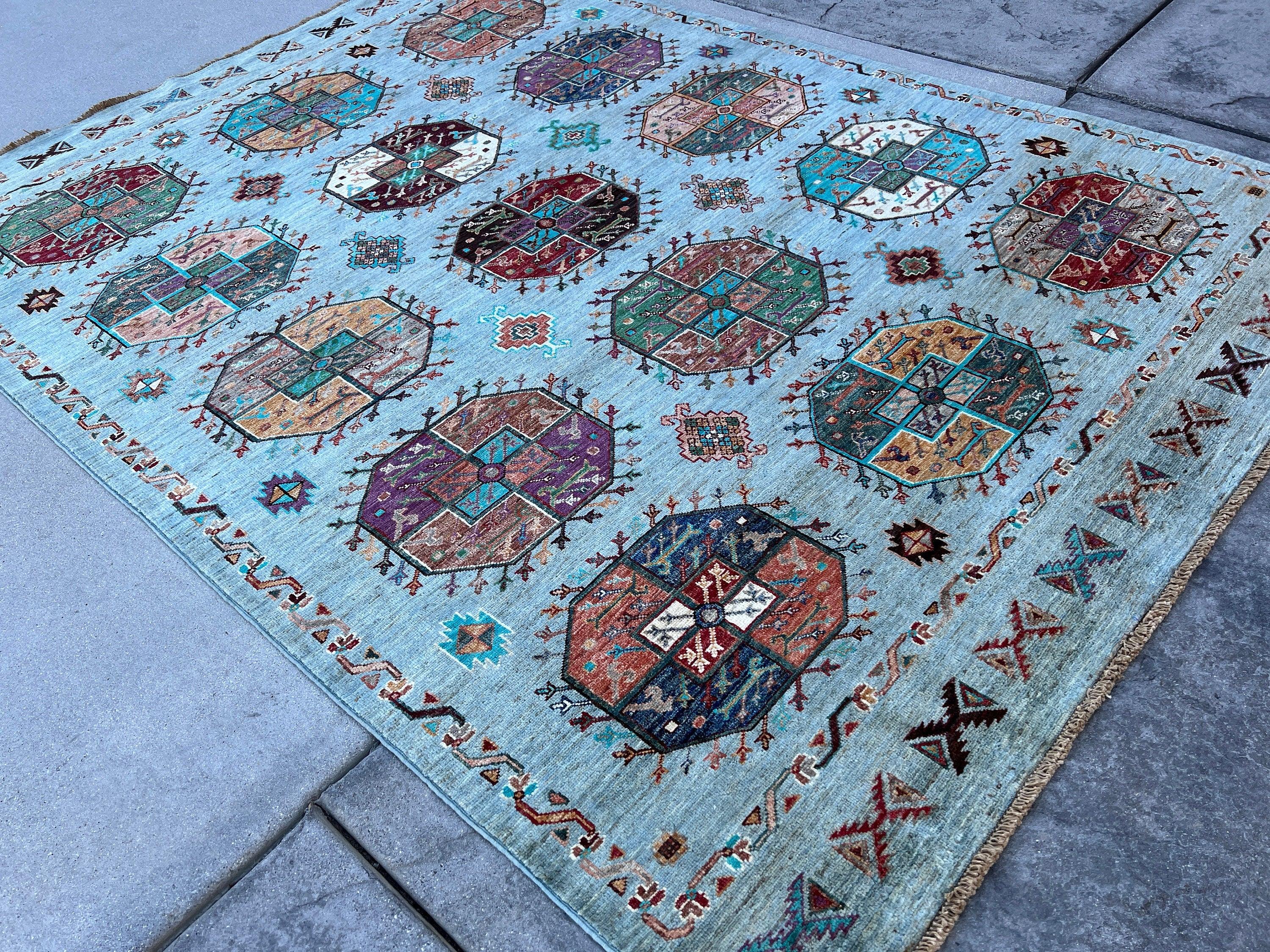 6x8 (180x245) Hand Knotted Afghan Rug | Sky Blue Eggplant Purple Chocolate Brown Caramel Brown Turquoise Forest Green Ivory Grey