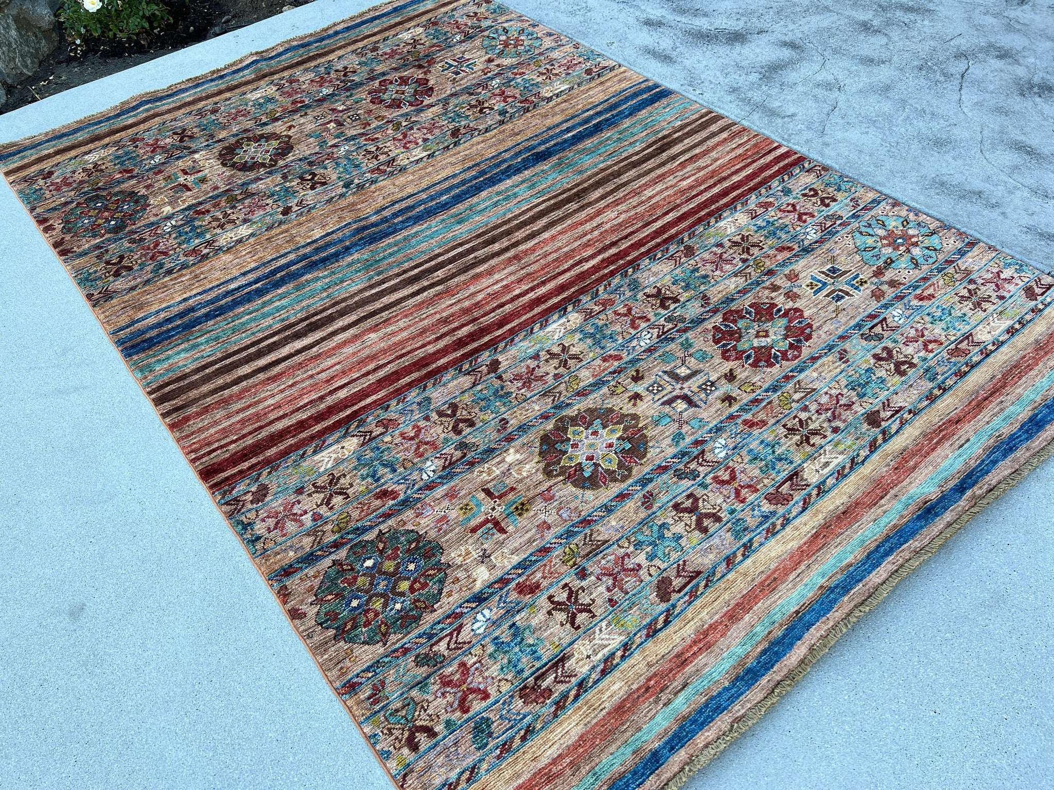 5x7 (150x215) Handmade Afghan Rug | Chocolate Brown Red Turquoise Teal Blue Olive Green Maroon Lavender Gold Ivory | Floral Tribal Wool