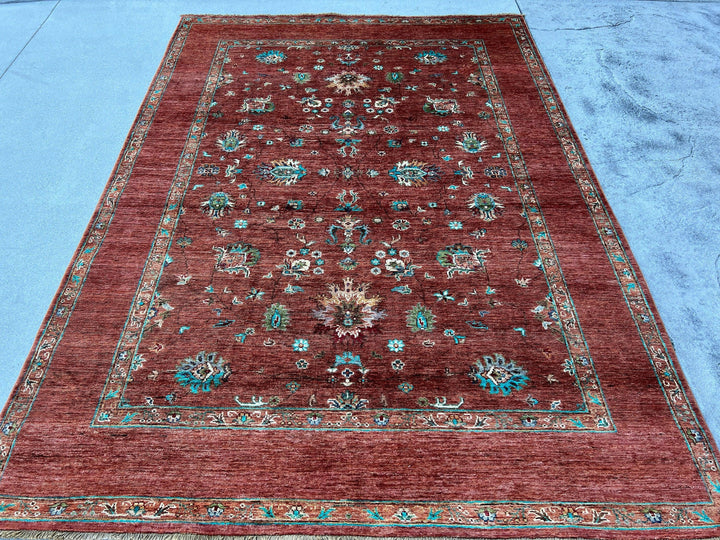 6x8 (180x245) Hand Knotted Afghan Rug | Caramel Teal Turquoise Cream Beige Blush Pink Moss Green Brown | Floral Wool Boho Turkish Persian