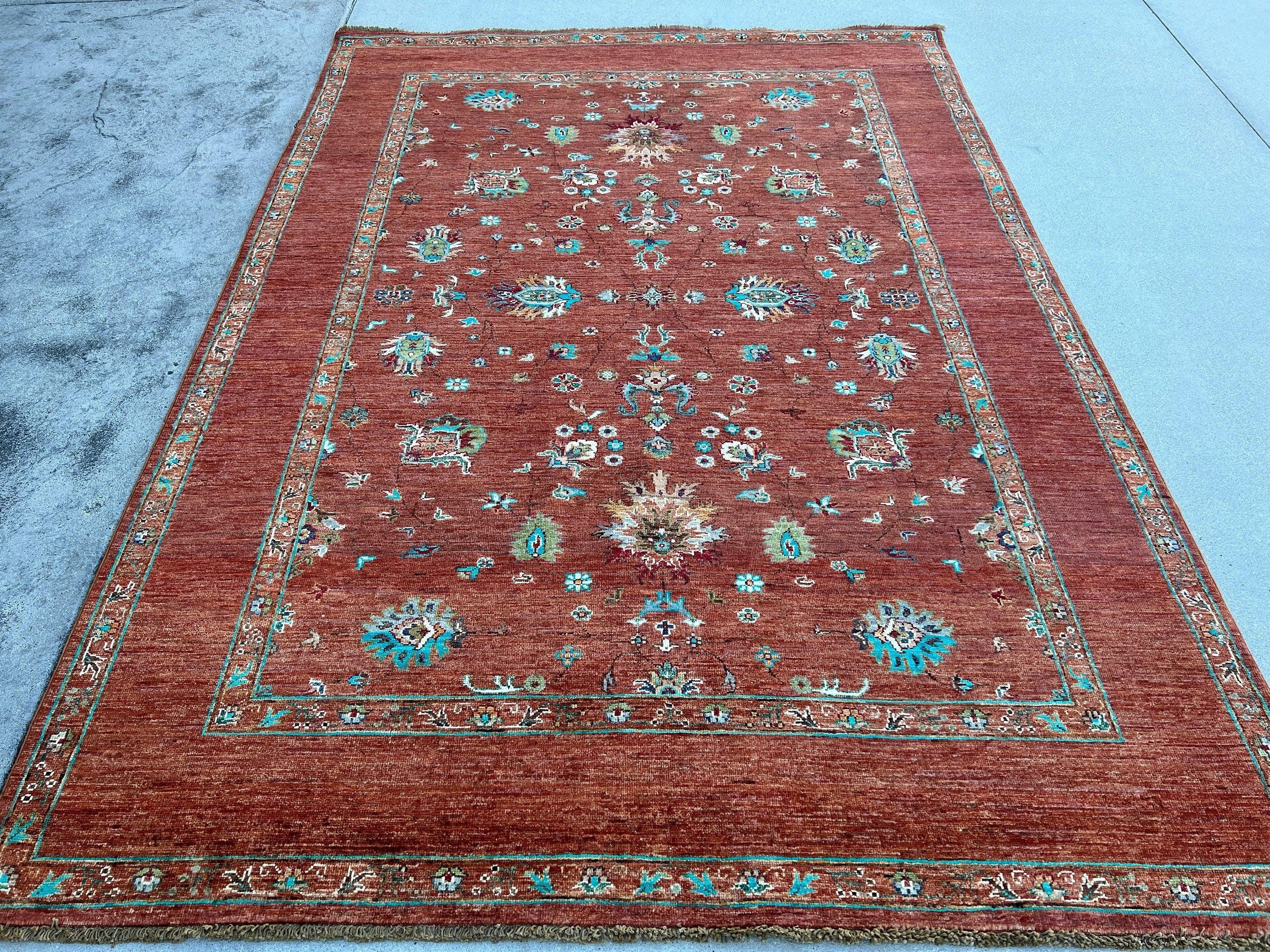 6x8 (180x245) Hand Knotted Afghan Rug | Caramel Teal Turquoise Cream Beige Blush Pink Moss Green Brown | Floral Wool Boho Turkish Persian