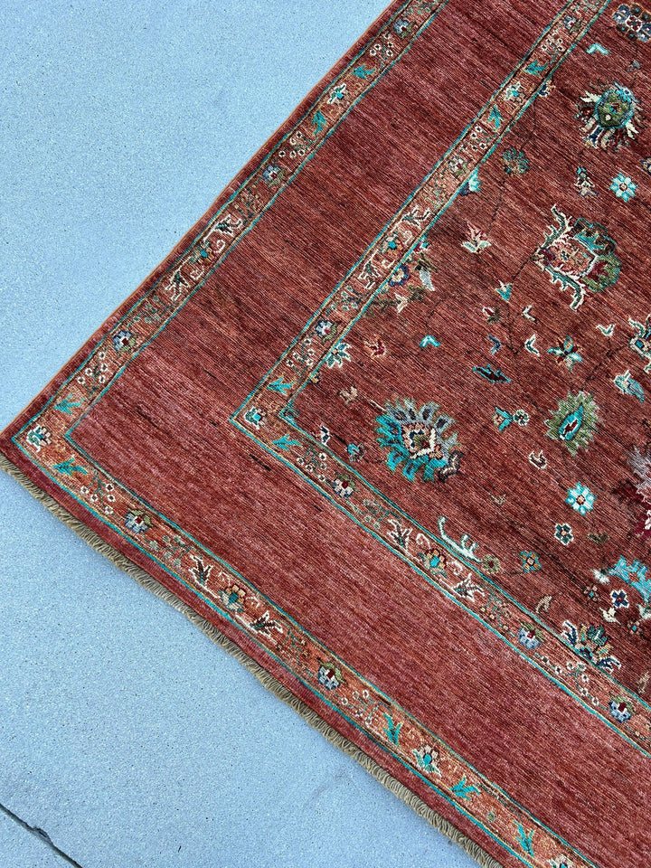 6x8 (180x245) Hand Knotted Afghan Rug | Caramel Teal Turquoise Cream Beige Blush Pink Moss Green Brown | Floral Wool Boho Turkish Persian