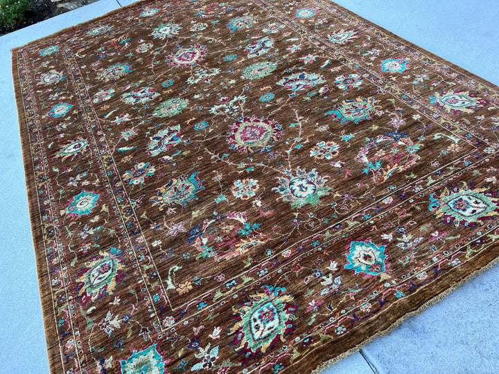 7x10 (215x305) Handmade Afghan Rug | Chocolate Brown Turquoise Fuchsia Blush Pink Teal Ivory Blue Orange Green Grey | Floral Tribal Wool