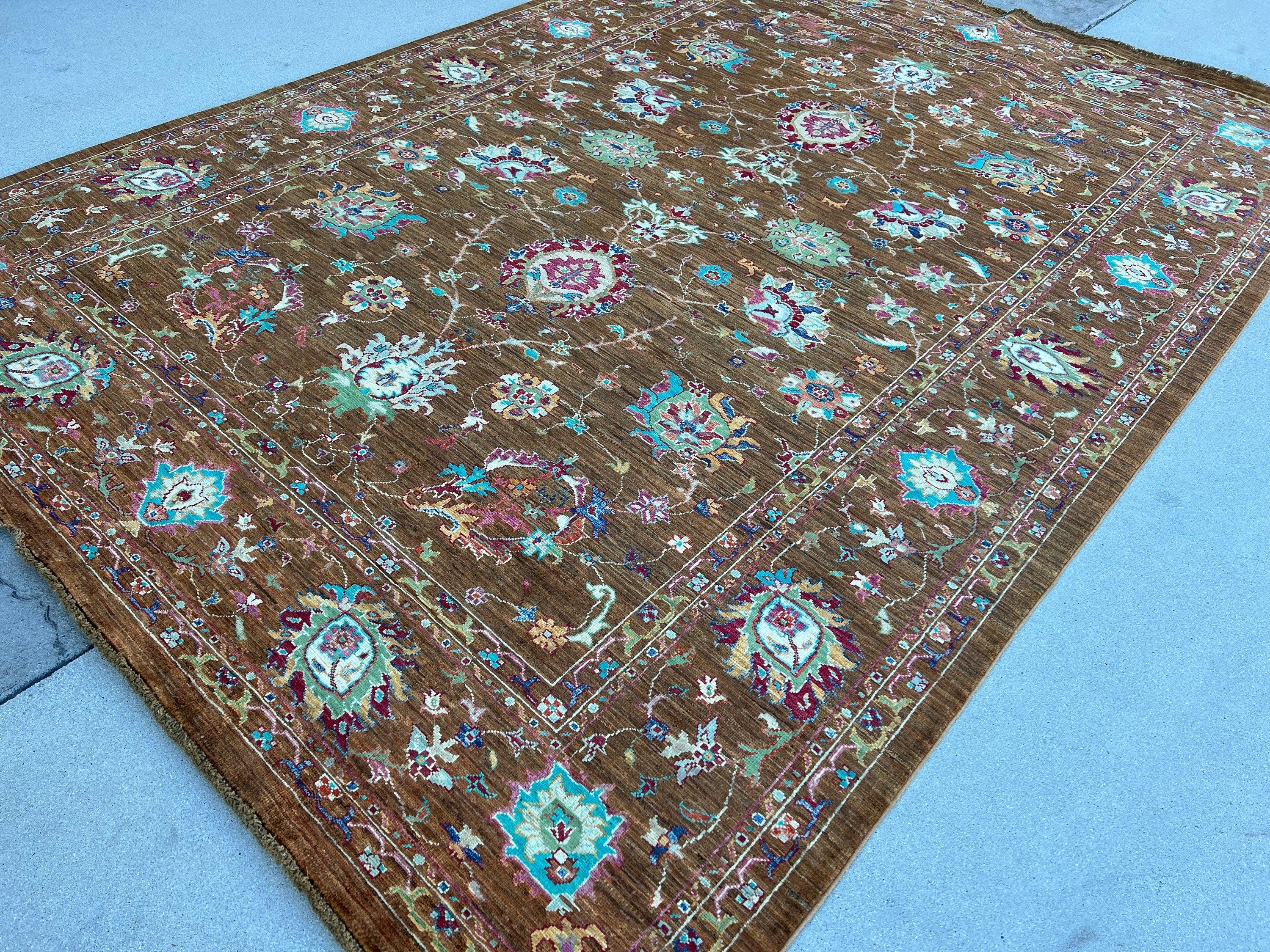 7x10 (215x305) Handmade Afghan Rug | Chocolate Brown Turquoise Fuchsia Blush Pink Teal Ivory Blue Orange Green Grey | Floral Tribal Wool